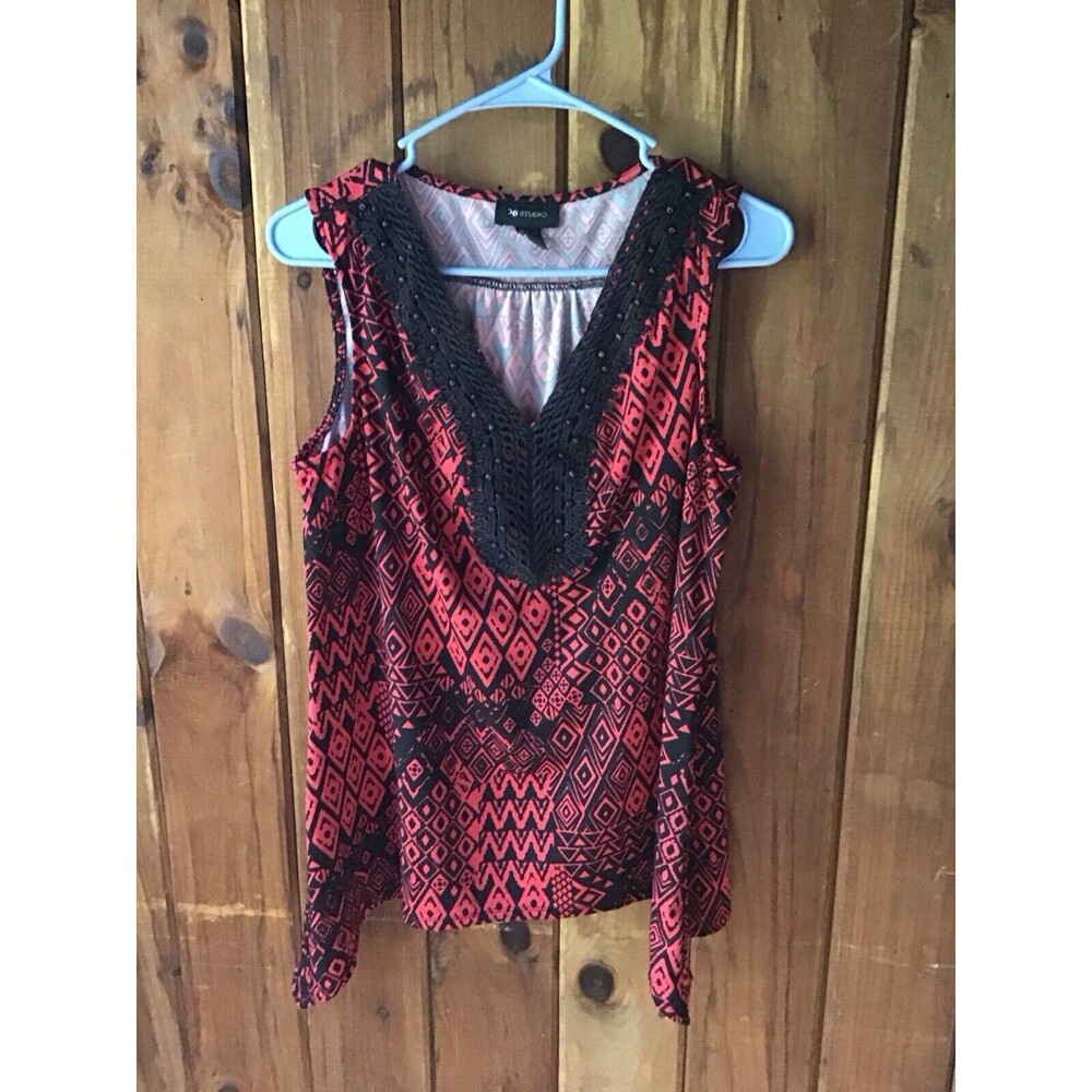 AB Studio Womens L Large Red Black Lace Beaded Shark Bite Hem Shirt Casual Work